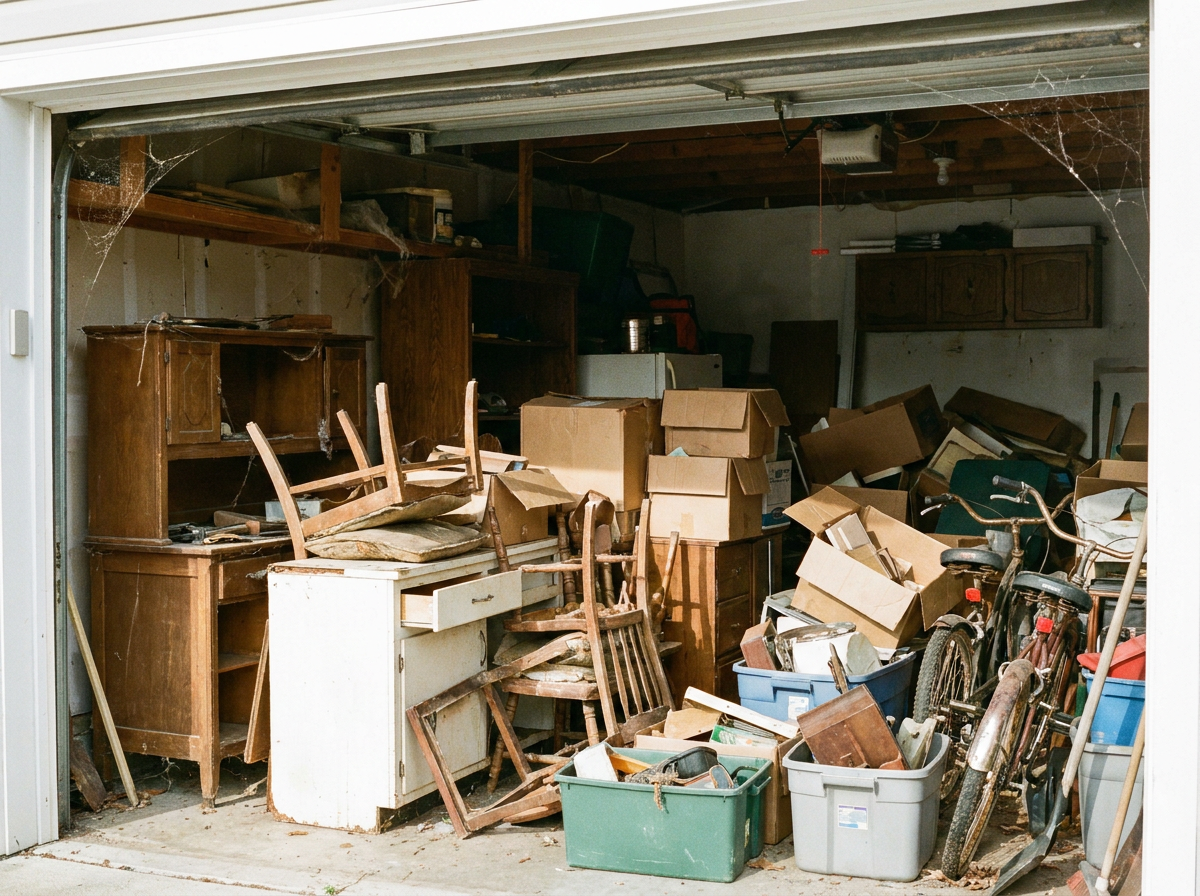 Garage full of clutter before junk removal