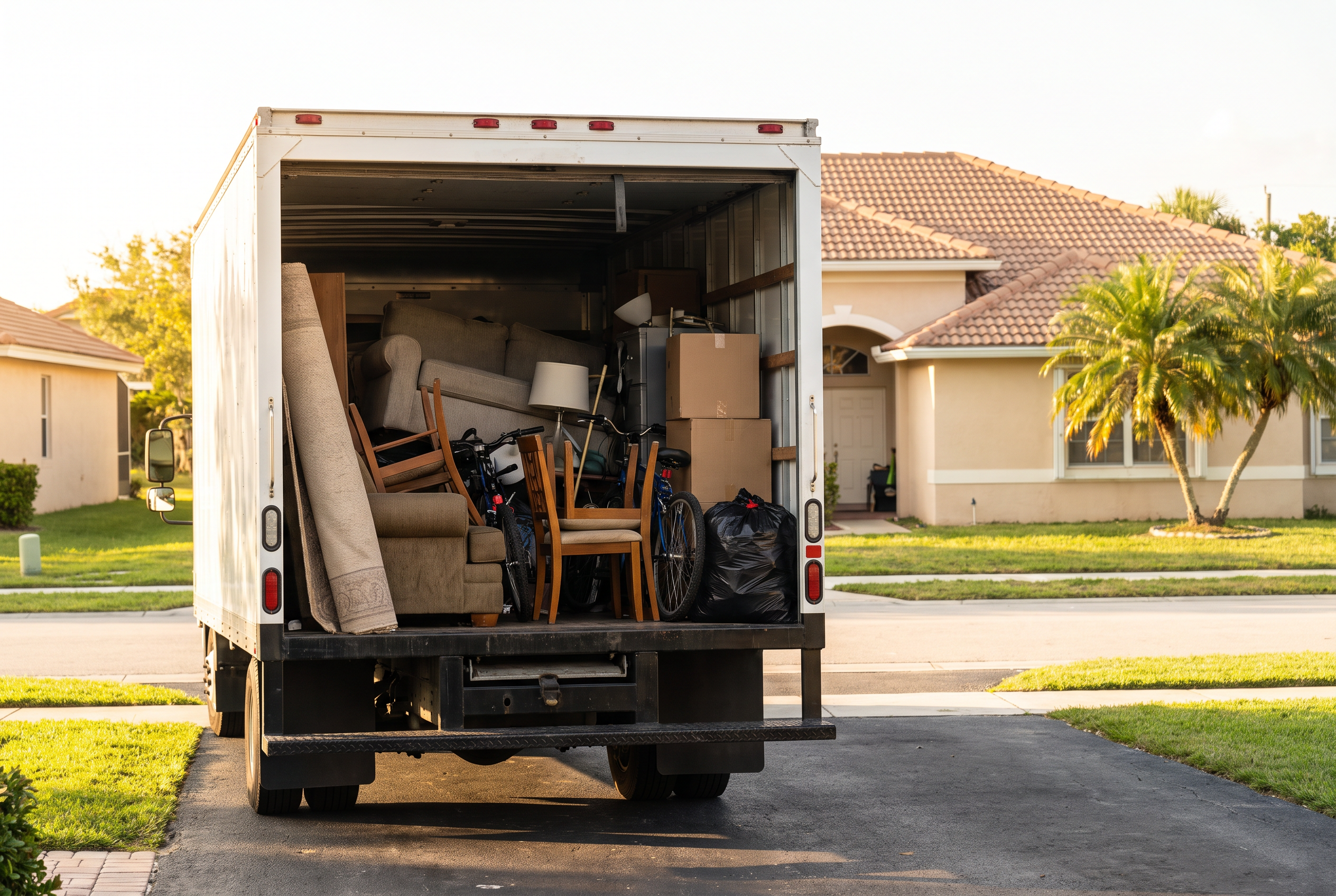 Fully loaded junk removal truck outside a Central Florida home